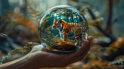 glass globe with a tiger inside it, Earth Day or World Wildlife Day concept. Save our planet, protect green nature and endangered species, biological diversity theme