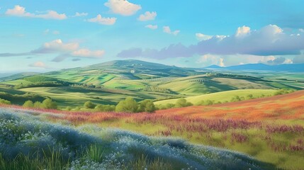 Field of flowers. Nature, beauty, daisies, gift, flowerbed, garden, vase, bees, life, tulip, plants, petals, pollen, holiday, buds, bee. Generated by AI