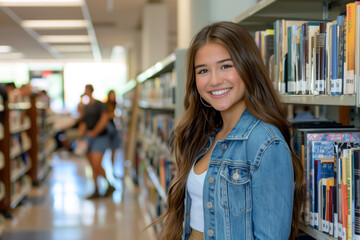 Stylish and smart Italian teenage woman with long brown hair is leaning against a bookcase in a book store at university in Italy. Joyful and optimistic teenager from Italy posing at school library. - 772918340