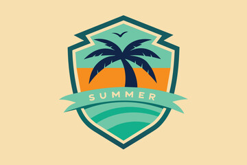 summer badge with palm tree and waves