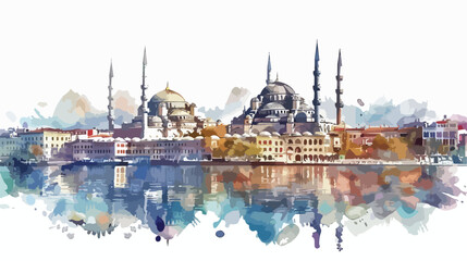 Istanbul watercolor illustration. Turkey. Flat vector - obrazy, fototapety, plakaty