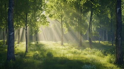 Rays of light in a deep forest. Trees, taiga, clearing, firewood, edge, pine needles, field, grove, animals, air, berries. Generated by AI - obrazy, fototapety, plakaty