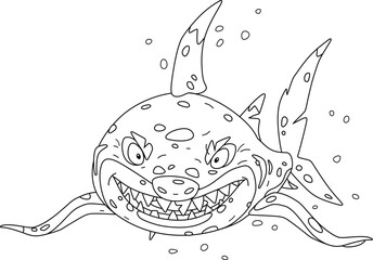 Ghastly great white shark with devious grin and giant sharp teeth in open jaws attacking from sea depths, lack and white vector cartoon illustration for a coloring book - obrazy, fototapety, plakaty