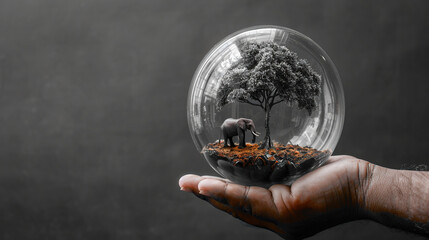glass globe with an elephant inside it, Earth Day or World Wildlife Day concept. Save our planet, protect green nature and endangered species, biological diversity theme