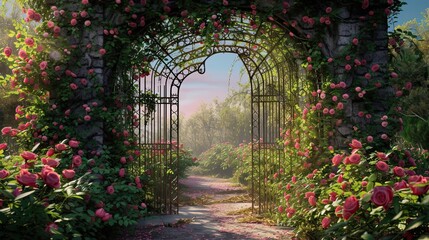 Gate to the labyrinth. Exit, flowers, map, game, confusion, path, entrance, puzzle, bushes, get lost, fear, walls, fence, creaking, manor, forging. Generated by AI - obrazy, fototapety, plakaty