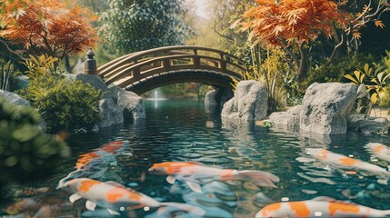 Wooden bridge over a lake with fish. River, shore, trees, crossing, road, water, arch, sea, aquarium, fishing, scales, fishing rod, fin, flock, algae, food. Generated by AI
