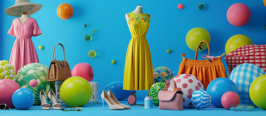Fototapeta na wymiar A lively display of summer dresses and accessories creatively presented with colorful balloons and balls in the air