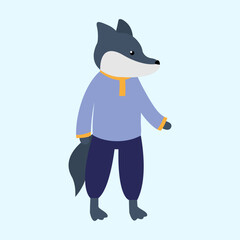 Vector illustration of a wolf in a sweater on a blue background.
