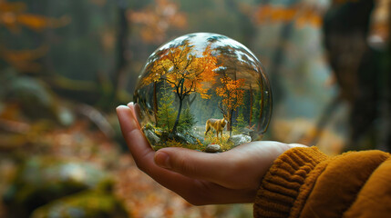 glass globe with a fox inside it, Earth Day or World Wildlife Day concept. Save our planet, protect green nature and endangered species, biological diversity theme