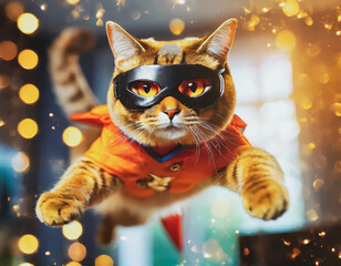 Image amusante d'un chat déguisé en super héro, qui porte un masque,  une cape et qui bondit, vole , paillettes dorées dans un arrière plan flouté - obrazy, fototapety, plakaty