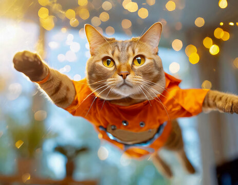 Joli gros plan sur un chat amusant, v&ecirc;tu d'une cape, qui bondit en l'air