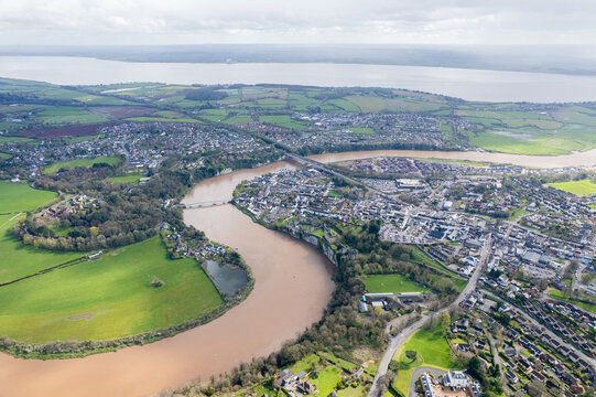 Amazing aerial panorama view of the Chepstow, River Wye, Monmouthshire, Wales, England
