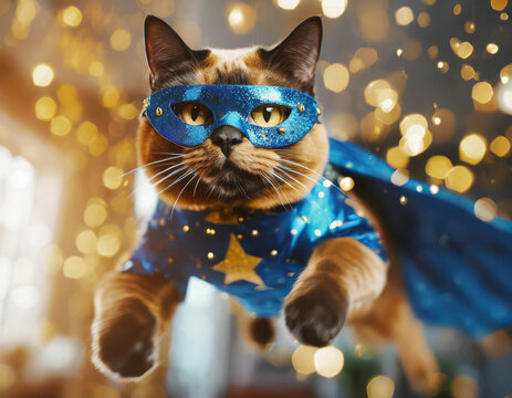 Image amusante d'un chat d&eacute;guis&eacute; en super h&eacute;ro, qui porte un masque,  une cape et qui bondit, vole , paillettes dor&eacute;es dans un arri&egrave;re plan flout&eacute;