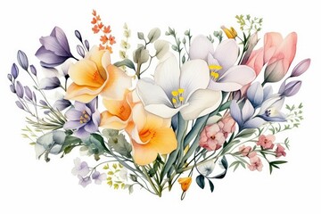 watercolor of freesia clipart with fragrant blooms in various colors. flowers frame, botanical border, floral illustration for wedding invitations, floristic, beauty salon. Tropical, spring blossom. - obrazy, fototapety, plakaty