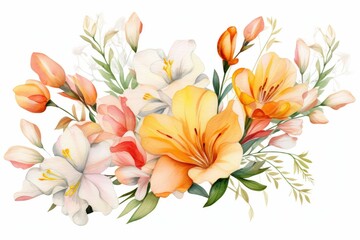 watercolor of freesia clipart with fragrant blooms in various colors. flowers frame, botanical border, floral illustration for wedding invitations, floristic, beauty salon. Tropical, spring blossom.
