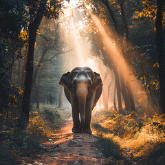 Single elephant walking in a road with the Sun from behind ai technology