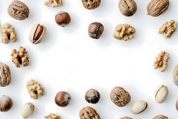 Frame various nuts on a white background. Concept template design for healthy eating, advertising for snacks, vegetarianism and veganism with copyspace - obrazy, fototapety, plakaty