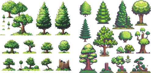 Retro 8 bit video game UI elements, trees bushes and grass sprite asset