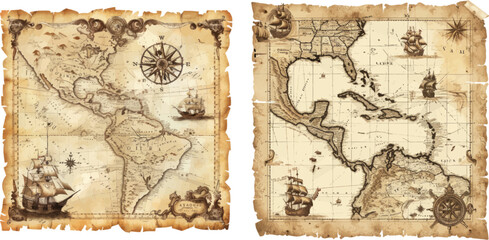 Old marine map, ancient nautical compass and ship