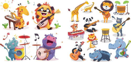 Giraffe play piano, cute panda with banjo and alligator plays saxophone - obrazy, fototapety, plakaty
