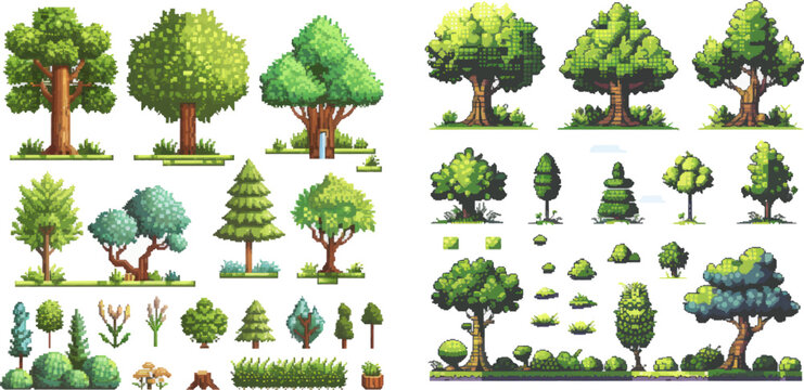 Vector isolated collection. Illustration of game trunk wood, pixel 8-bit