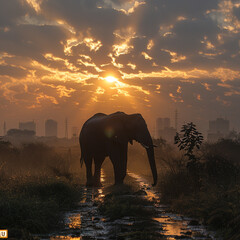 Single elephant walking in a road with the Sun from behind ai technology