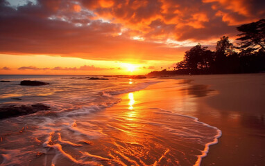 A peaceful beach under a stunning sunset.
