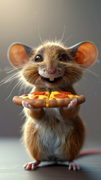 Naklejki A happy Cute mouse with a pizza in her hands. 3d illustration