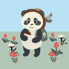 Panda teddy bear dressed in a bucket hat holding out a mushroom. Cute cartoon character. Flat style vector illustration. Suitable for icon, logo, label, sticker, clipart, t-shirt print.