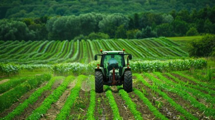 A farmer driving a tractor through a lush green field. 