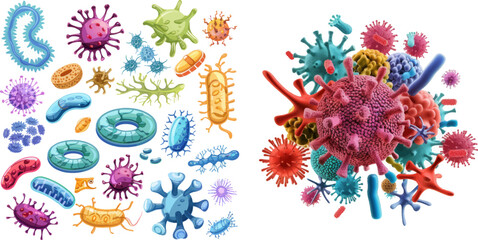 Microscopic 3d epidemic virus, bacillus bacteria, microorganisms, germs and parasite