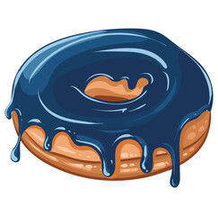 Delicious fresh donut with glossy blueberry glaze. Vector isolated image. Delicious sweet pastries. Donut advertisement