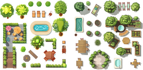 Naklejka premium Pool, table and chair or garden relax architectural isolated vector illustration icons set