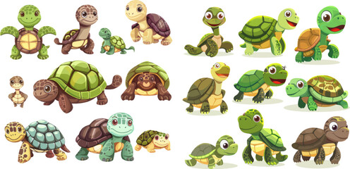 Collection of cute friendly aquatic and terrestrial reptilians