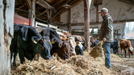 A farmer feeding hay to a herd of cows in a barn.  - obrazy, fototapety, plakaty