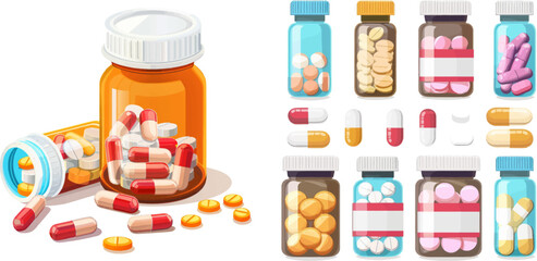 Medications prescription vitamin capsules painkillers, health shop isolated vector illustration