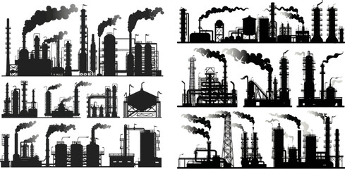 Machine factory industries, refineries or gas pollution vector background set