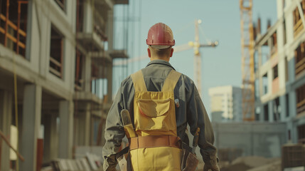 Back of a worker walking toward a construction site 