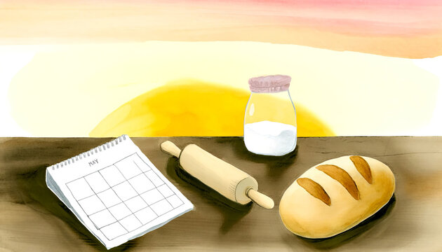 Watercolor illustration of baking ingredients with calendar and rolling pin on wooden surface, depicting preparation for holiday cooking or baking workshops