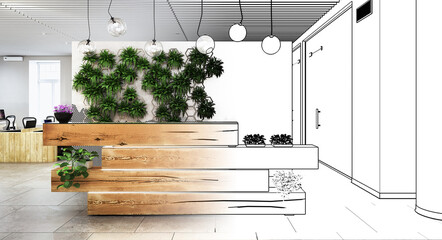 Open and transparent office architecture with reception counter in modern, wood design (draft) - 3D visualization