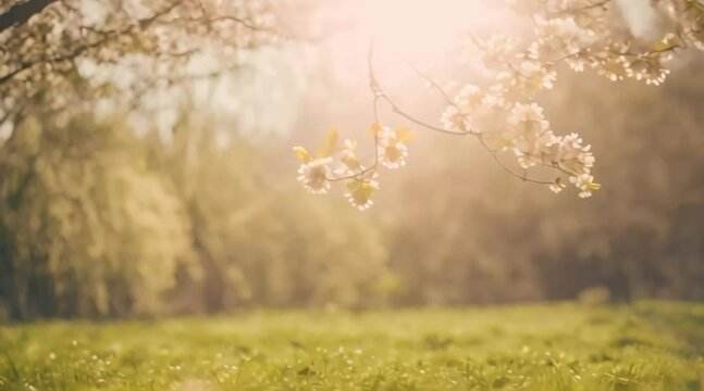 Nature background. Serenity in Nature Defocused Bokeh Background of Garden Trees in Spring, cinematic film, moody, high resolution, 2K 