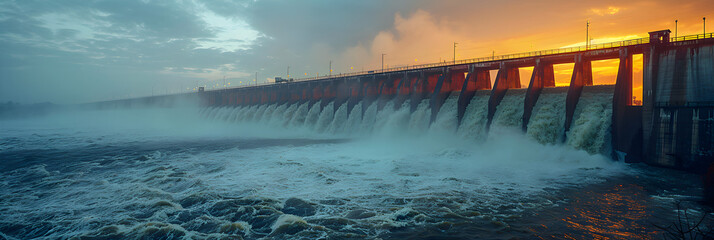 sunrise over the river,
 Itaipu dam on river Parana hydroelectric power s  - obrazy, fototapety, plakaty