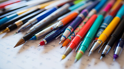 Colorful pens and mechanical pencils on a paper with numbers. Selective focus.