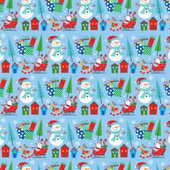 Christmas seamless pattern with snowman, santa, sleigh and gifts