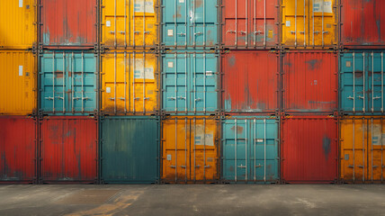Container boxes stacked neatly, Container boxes of different colors, The background is a port image