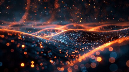 A blurry image of a wave with orange and blue lights. The image has a dreamy, ethereal quality to it, with the orange and blue lights creating a sense of movement and energy - obrazy, fototapety, plakaty