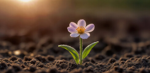 Small pink flower seedling, blooming in the soil with blurred background in the sunset light