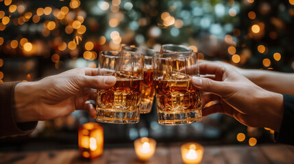 Friends toasting with whiskey glasses amidst the festive glow of holiday lights.