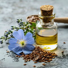 Flax oil with flax flower and seed