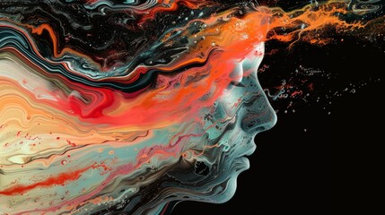 A painting of a woman's face with a fiery red streak. The painting is abstract and has a lot of color - obrazy, fototapety, plakaty